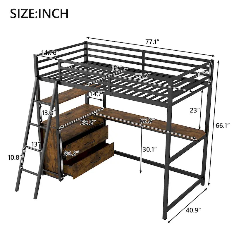 Letto a soppalco singolo in metallo e legno con scrivania e mensole, due cassetti integrati, luci LED e stazione di ricarica USB