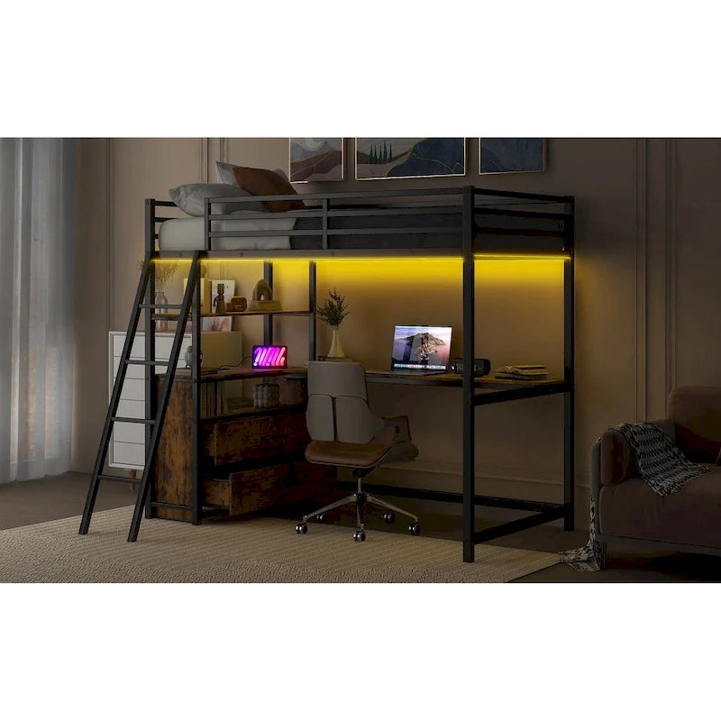 Letto a soppalco singolo in metallo e legno con scrivania e mensole, due cassetti integrati, luci LED e stazione di ricarica USB