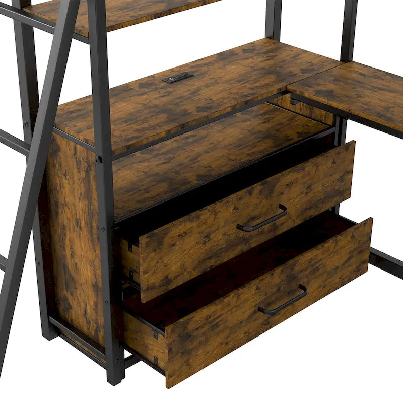 Letto a soppalco singolo in metallo e legno con scrivania e mensole, due cassetti integrati, luci LED e stazione di ricarica USB