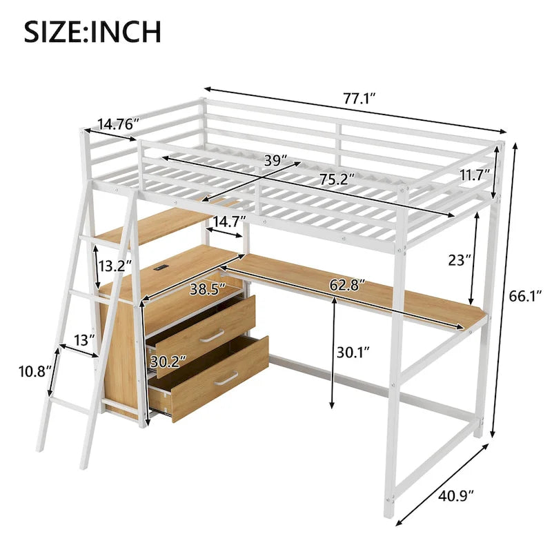 Letto a soppalco singolo in metallo e legno con scrivania e mensole, due cassetti integrati, luci LED e stazione di ricarica USB