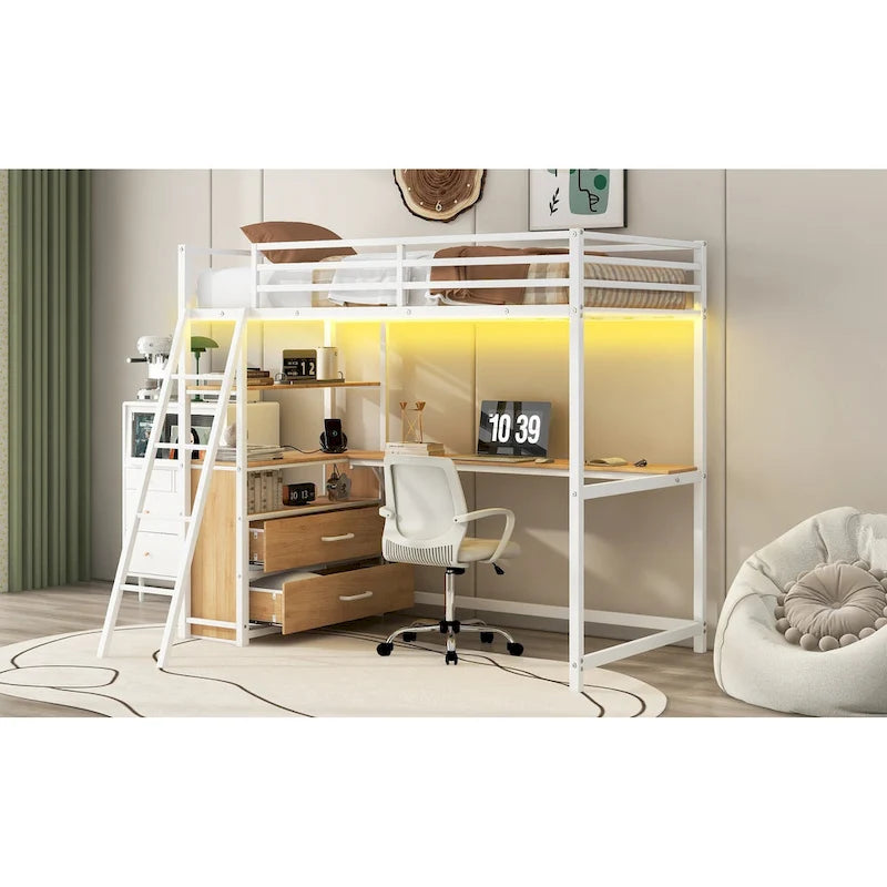 Letto a soppalco singolo in metallo e legno con scrivania e mensole, due cassetti integrati, luci LED e stazione di ricarica USB