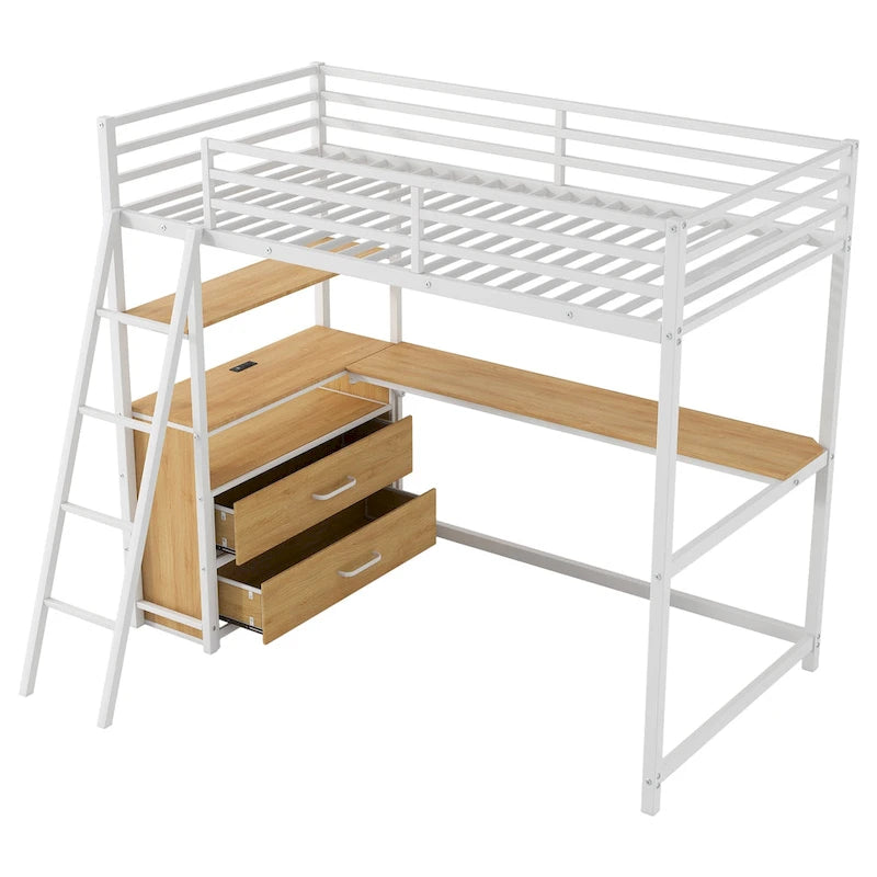 Letto a soppalco singolo in metallo e legno con scrivania e mensole, due cassetti integrati, luci LED e stazione di ricarica USB