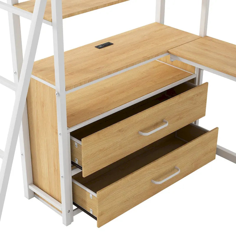 Letto a soppalco singolo in metallo e legno con scrivania e mensole, due cassetti integrati, luci LED e stazione di ricarica USB