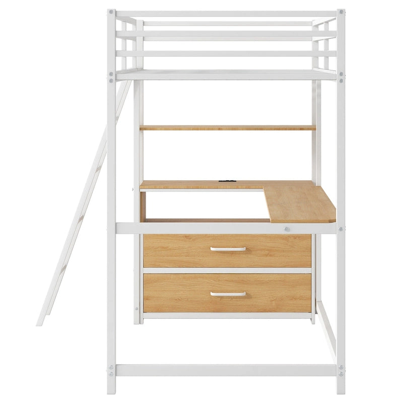 Letto a soppalco singolo in metallo e legno con scrivania e mensole, due cassetti integrati, luci LED e stazione di ricarica USB