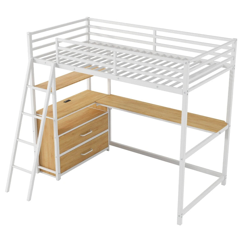 Letto a soppalco singolo in metallo e legno con scrivania e mensole, due cassetti integrati, luci LED e stazione di ricarica USB