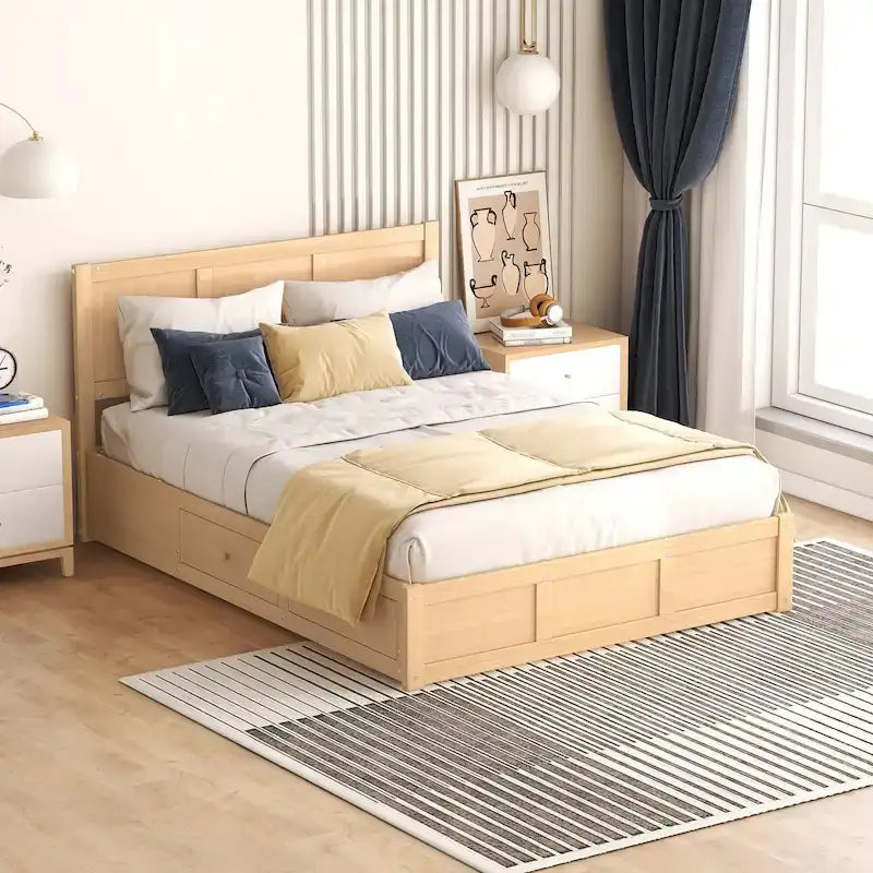 Letto matrimoniale in legno con piattaforma e contenitore, letto imbottito con 2 cassetti salvaspazio e telaio letto creativo