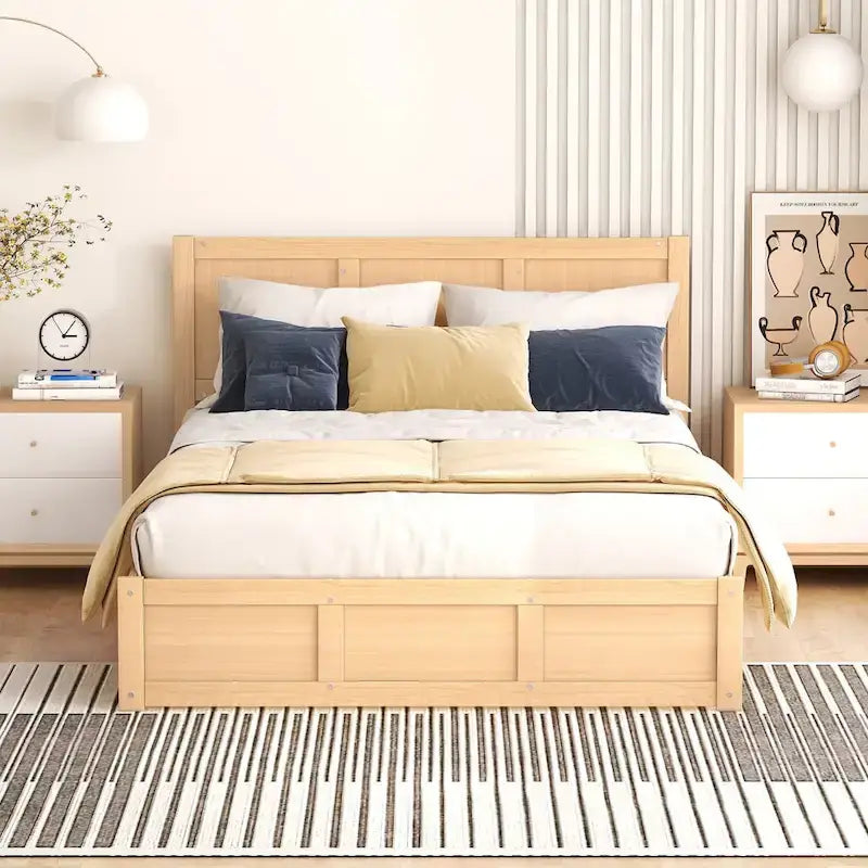 Letto matrimoniale in legno con piattaforma e contenitore, letto imbottito con 2 cassetti salvaspazio e telaio letto creativo