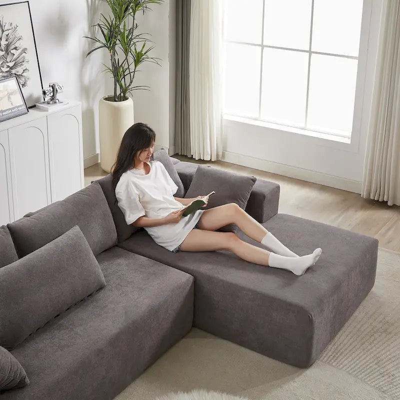 Divano sezionale modulare a L in ciniglia da 108 pollici con 6 cuscini, chaise reversibile