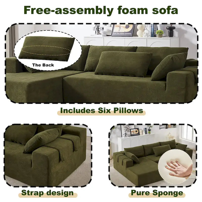 Divano sezionale modulare a L in ciniglia da 108 pollici con 6 cuscini, chaise reversibile
