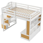 Letto a soppalco full-size con scrivania e mensole, due cassetti, scala contenitore