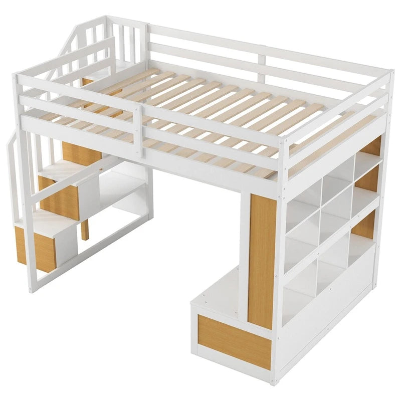 Letto a soppalco full-size con scrivania e mensole, due cassetti, scala contenitore