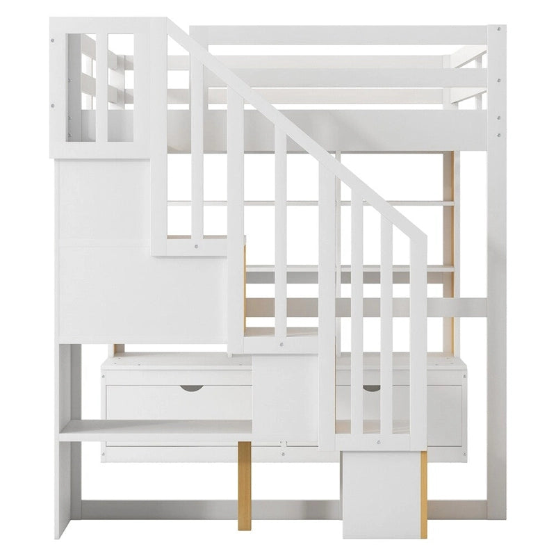 Letto a soppalco full-size con scrivania e mensole, due cassetti, scala contenitore