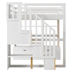Letto a soppalco full-size con scrivania e mensole, due cassetti, scala contenitore