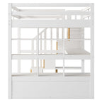 Letto a soppalco full-size con scrivania e mensole, due cassetti, scala contenitore
