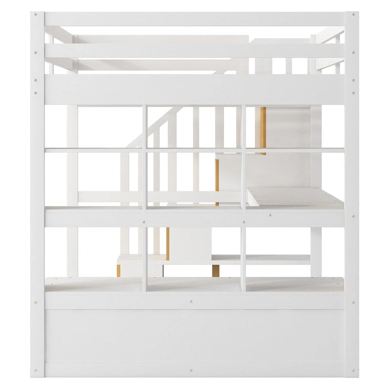 Letto a soppalco full-size con scrivania e mensole, due cassetti, scala contenitore