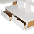Letto a soppalco full-size con scrivania e mensole, due cassetti, scala contenitore