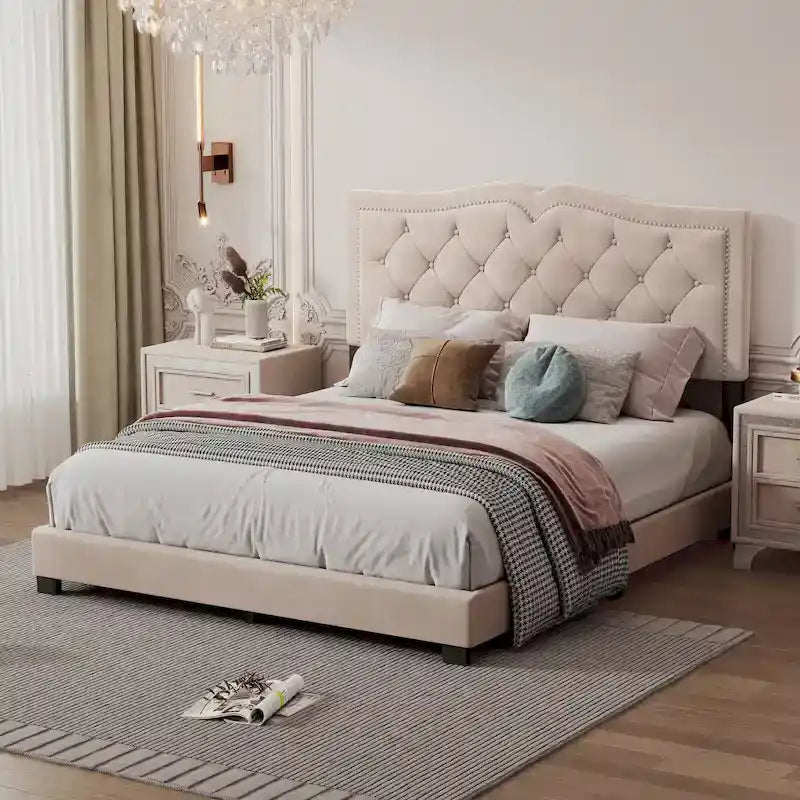 Struttura Letto Imbottita Queen Size con Design a Rivetti, Moderno Letto a Piattaforma in Velluto con Testiera Trapuntata, Grigio