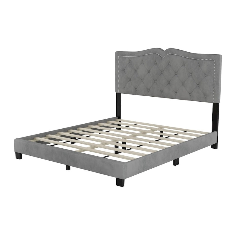 Struttura Letto Imbottita Queen Size con Design a Rivetti, Moderno Letto a Piattaforma in Velluto con Testiera Trapuntata, Grigio