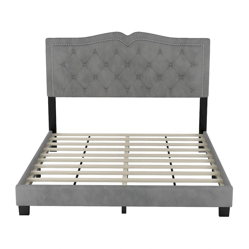 Struttura Letto Imbottita Queen Size con Design a Rivetti, Moderno Letto a Piattaforma in Velluto con Testiera Trapuntata, Grigio