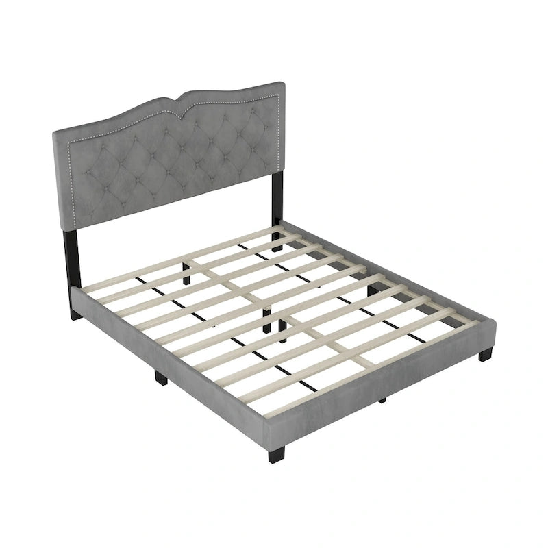 Struttura Letto Imbottita Queen Size con Design a Rivetti, Moderno Letto a Piattaforma in Velluto con Testiera Trapuntata, Grigio