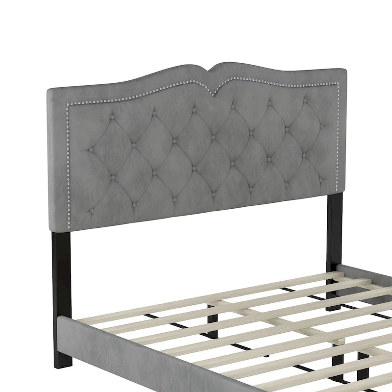 Struttura Letto Imbottita Queen Size con Design a Rivetti, Moderno Letto a Piattaforma in Velluto con Testiera Trapuntata, Grigio