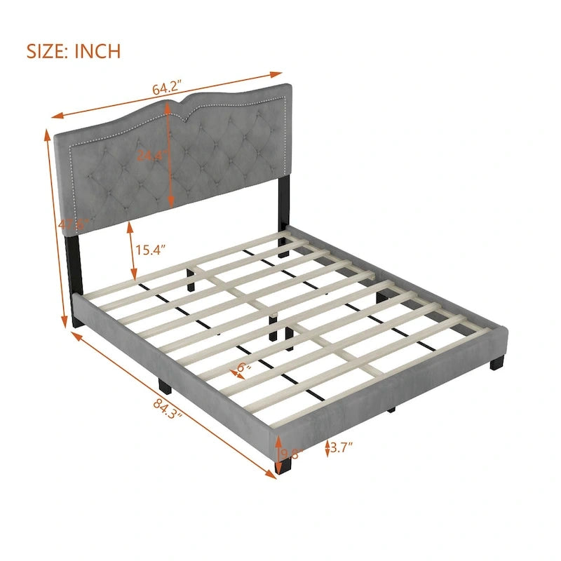 Struttura Letto Imbottita Queen Size con Design a Rivetti, Moderno Letto a Piattaforma in Velluto con Testiera Trapuntata, Grigio