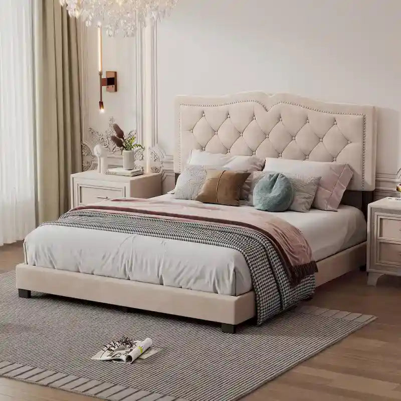 Struttura Letto Imbottita Queen Size con Design a Rivetti, Moderno Letto a Piattaforma in Velluto con Testiera Trapuntata, Grigio