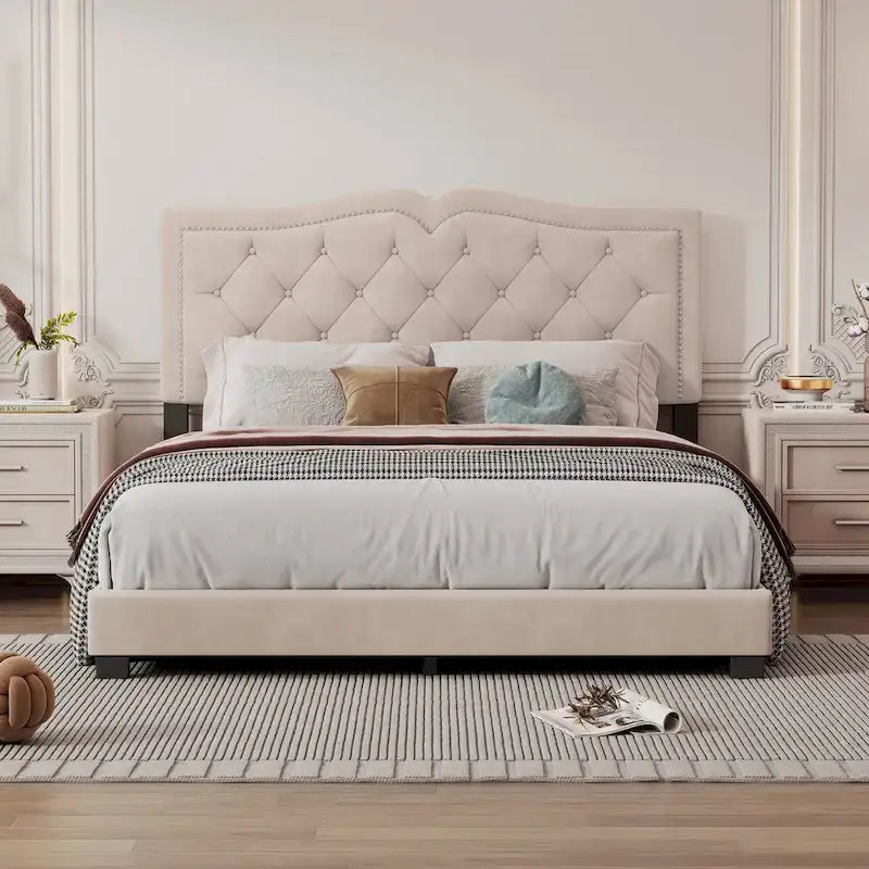 Struttura Letto Imbottita Queen Size con Design a Rivetti, Moderno Letto a Piattaforma in Velluto con Testiera Trapuntata, Grigio