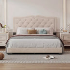 Struttura Letto Imbottita Queen Size con Design a Rivetti, Moderno Letto a Piattaforma in Velluto con Testiera Trapuntata, Grigio