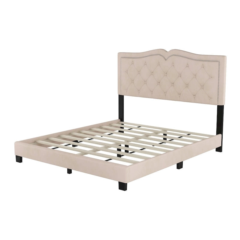 Struttura Letto Imbottita Queen Size con Design a Rivetti, Moderno Letto a Piattaforma in Velluto con Testiera Trapuntata, Grigio