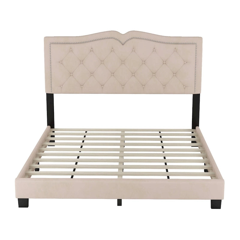 Struttura Letto Imbottita Queen Size con Design a Rivetti, Moderno Letto a Piattaforma in Velluto con Testiera Trapuntata, Grigio