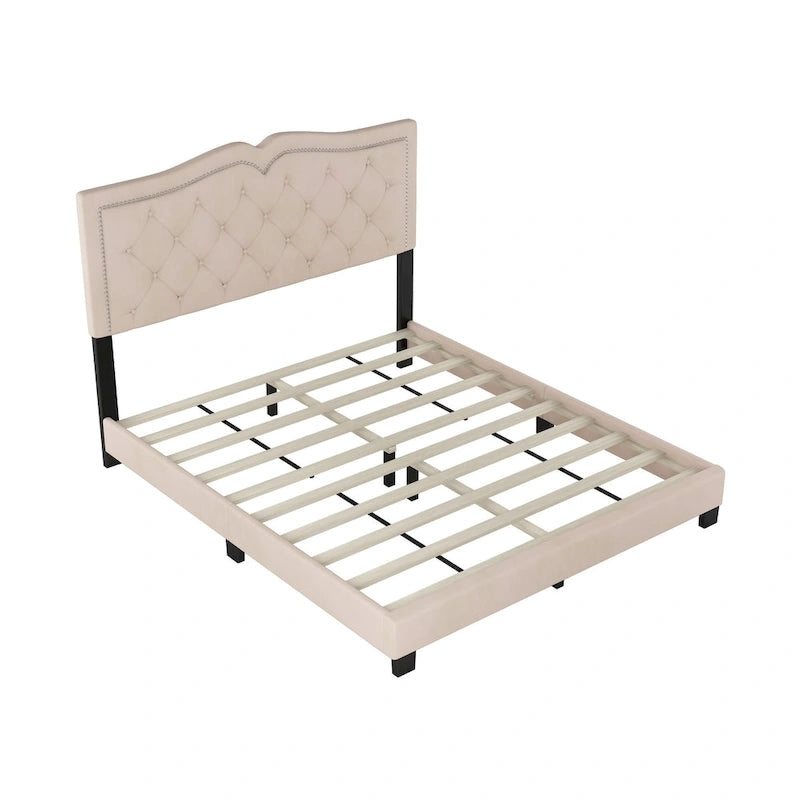 Struttura Letto Imbottita Queen Size con Design a Rivetti, Moderno Letto a Piattaforma in Velluto con Testiera Trapuntata, Grigio