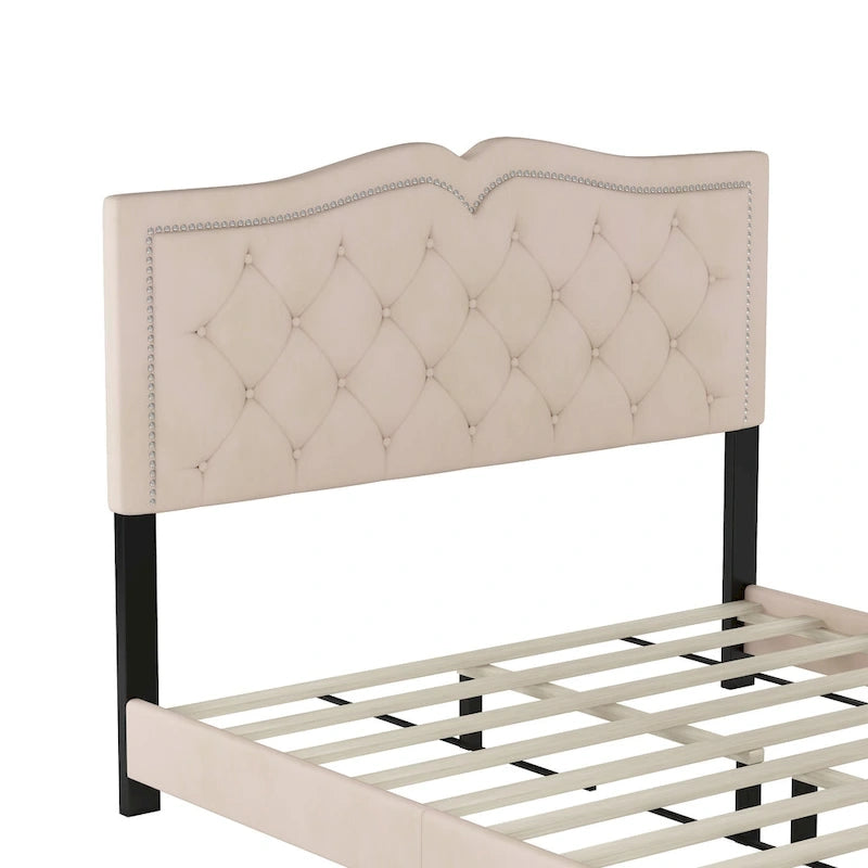 Struttura Letto Imbottita Queen Size con Design a Rivetti, Moderno Letto a Piattaforma in Velluto con Testiera Trapuntata, Grigio