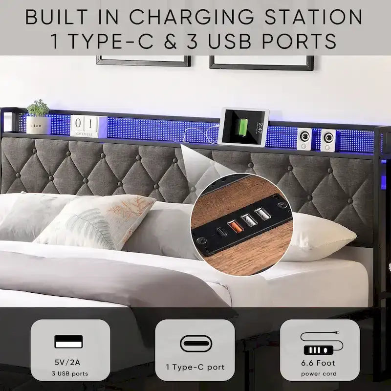 Letto King Size Imbottito Grigio con Testiera Contenitore, Stazione di Ricarica e Luci a LED