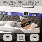 Letto King Size Imbottito Grigio con Testiera Contenitore, Stazione di Ricarica e Luci a LED