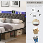 Letto King Size Imbottito Grigio con Testiera Contenitore, Stazione di Ricarica e Luci a LED