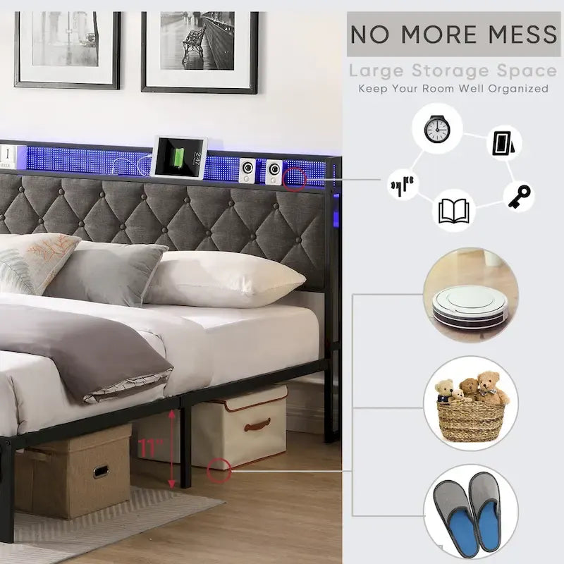 Letto King Size Imbottito Grigio con Testiera Contenitore, Stazione di Ricarica e Luci a LED
