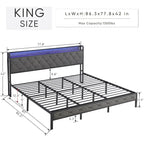 Letto King Size Imbottito Grigio con Testiera Contenitore, Stazione di Ricarica e Luci a LED