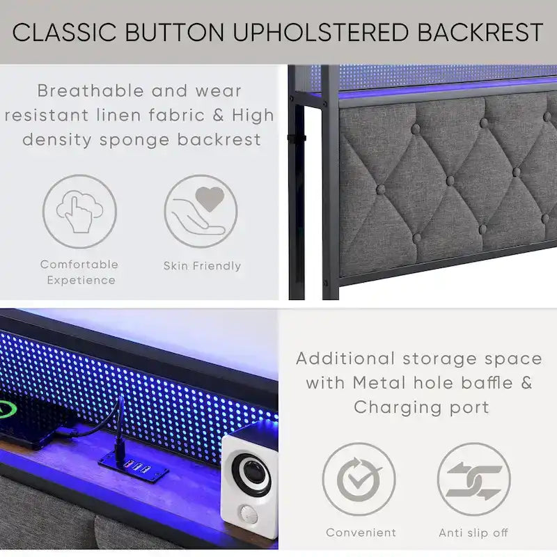 Letto King Size Imbottito Grigio con Testiera Contenitore, Stazione di Ricarica e Luci a LED