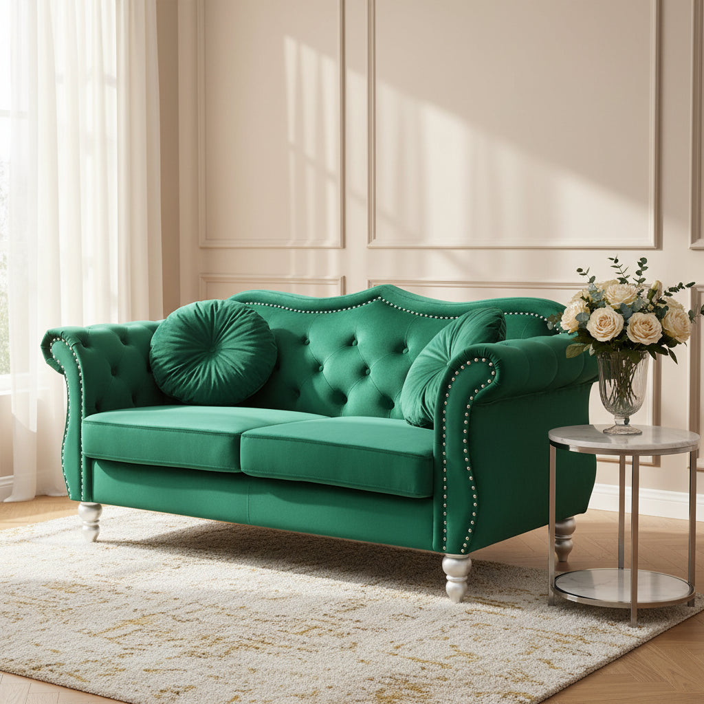 Hollywood 68 in. Velvet Chesterfield Loveseat with 2-Throw Pillow - 68L x 35W x 34H