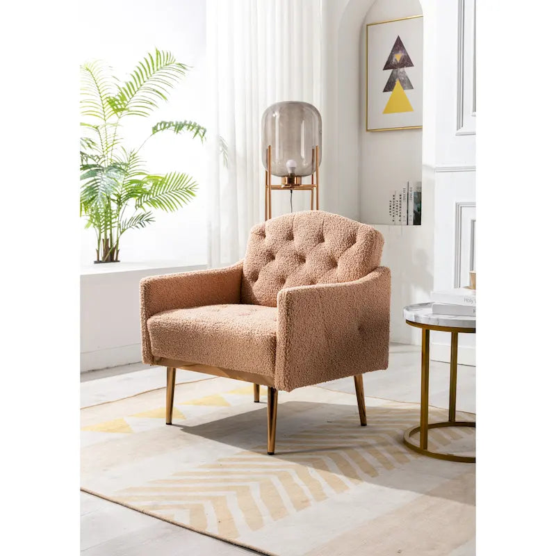 Poltrona accent tufted imbottita in tessuto Teddy con piedini color oro rosa