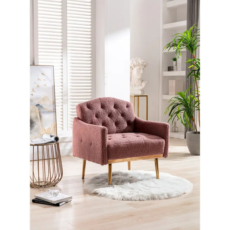 Poltrona accent tufted imbottita in tessuto Teddy con piedini color oro rosa