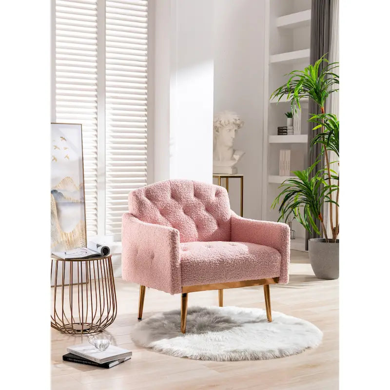 Poltrona accent tufted imbottita in tessuto Teddy con piedini color oro rosa