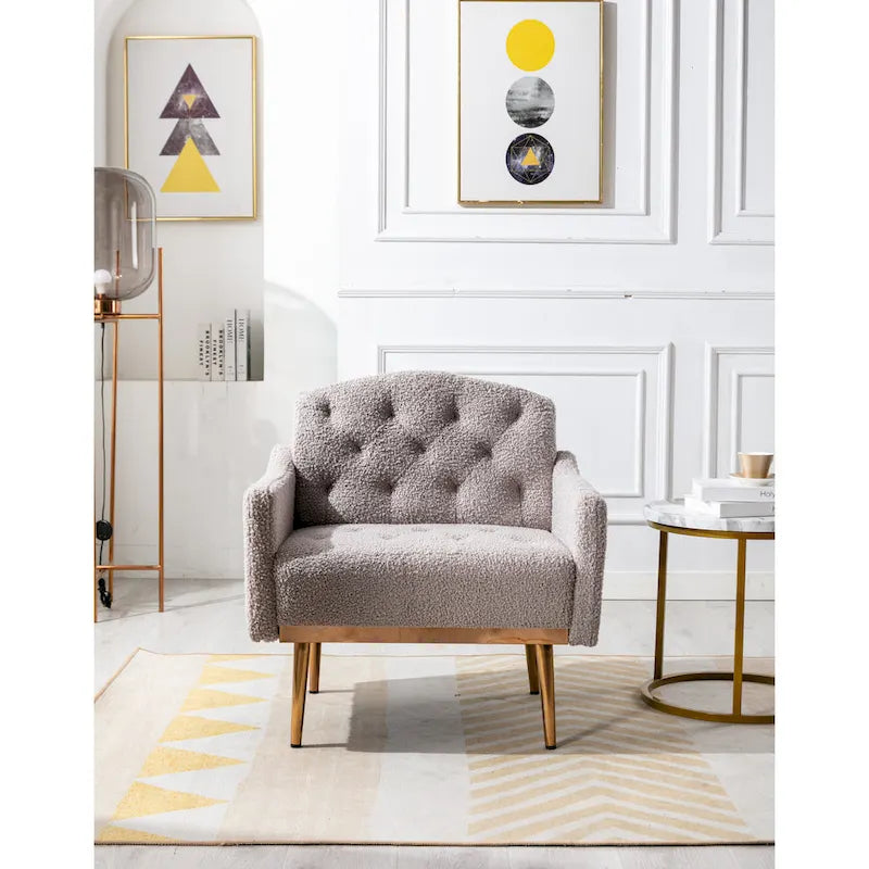 Poltrona accent tufted imbottita in tessuto Teddy con piedini color oro rosa