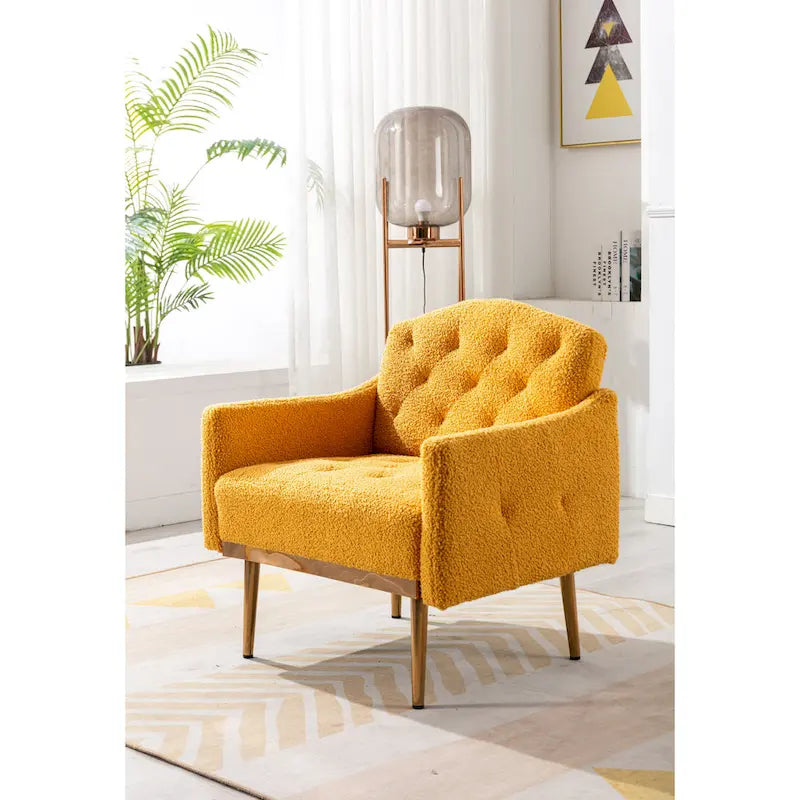 Poltrona accent tufted imbottita in tessuto Teddy con piedini color oro rosa
