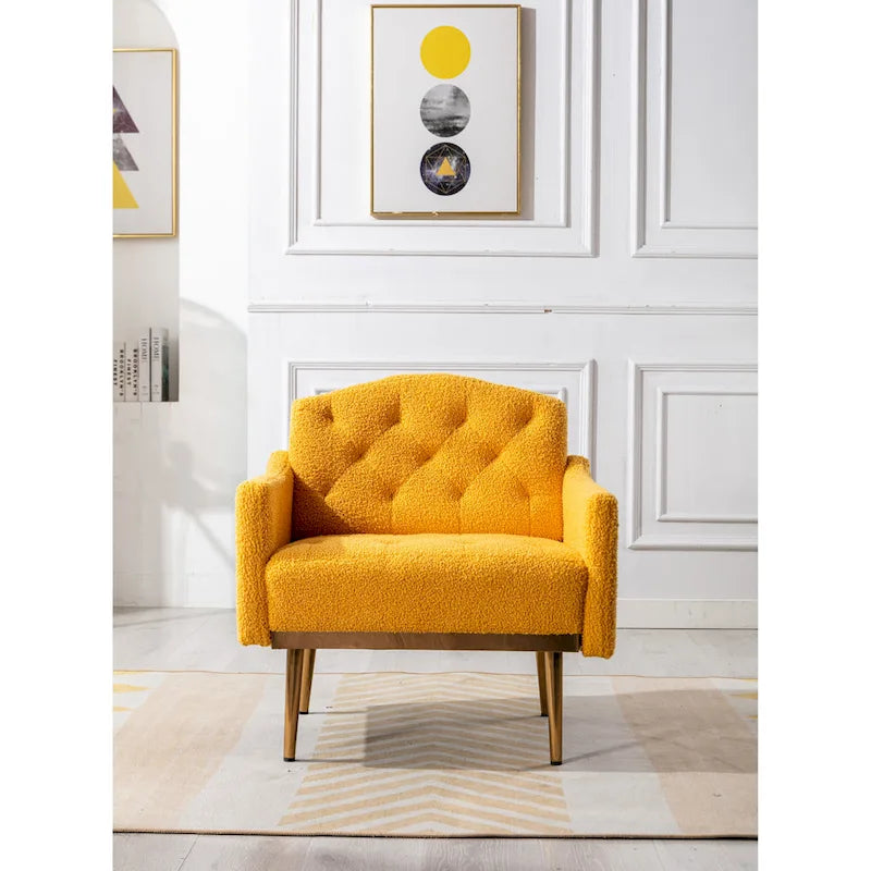 Poltrona accent tufted imbottita in tessuto Teddy con piedini color oro rosa