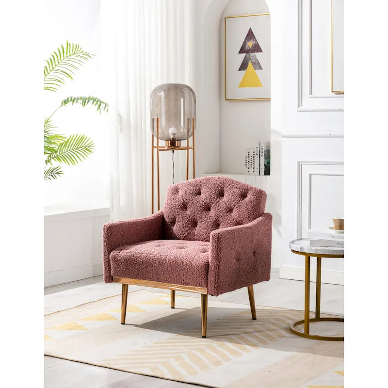 Poltrona accent tufted imbottita in tessuto Teddy con piedini color oro rosa