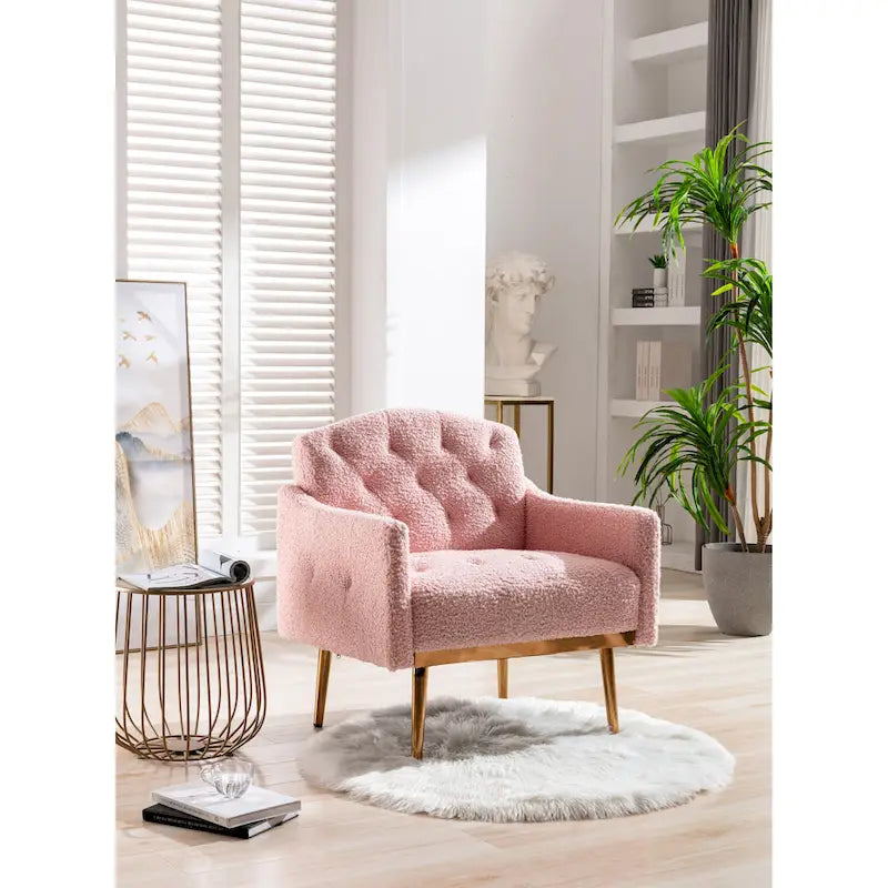 Poltrona accent tufted imbottita in tessuto Teddy con piedini color oro rosa