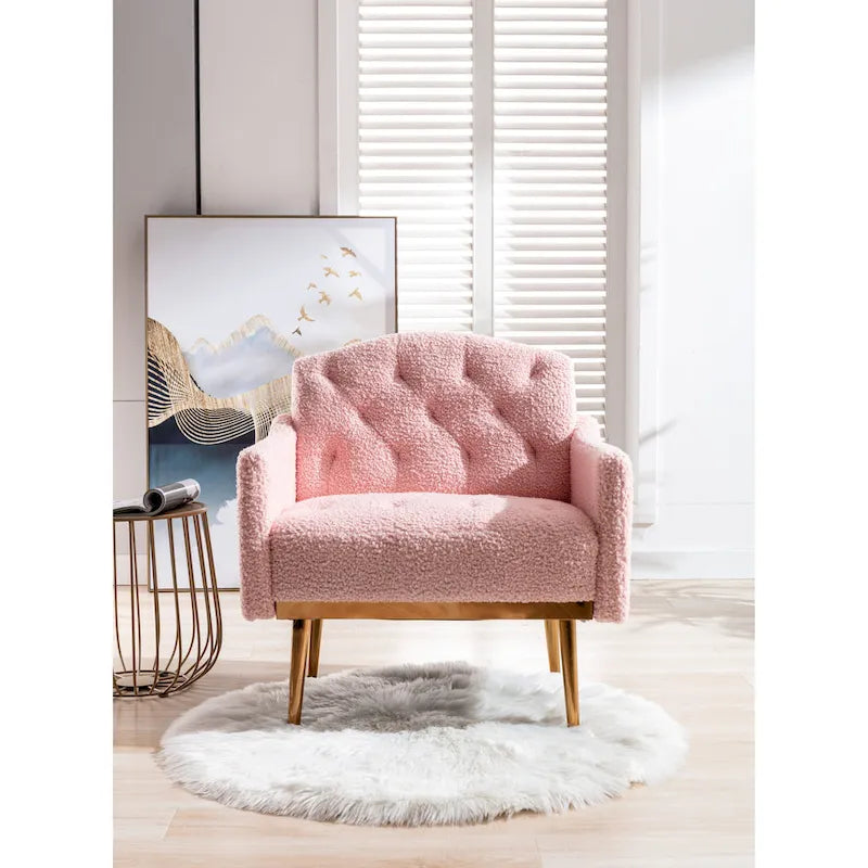 Poltrona accent tufted imbottita in tessuto Teddy con piedini color oro rosa