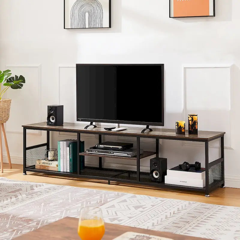 Mobile TV Industriale per Centro di Intrattenimento, Tavolino Consolle Multimediale con Contenitore e Scaffale a Rete per Soggiorno/Camera da Letto, Marrone